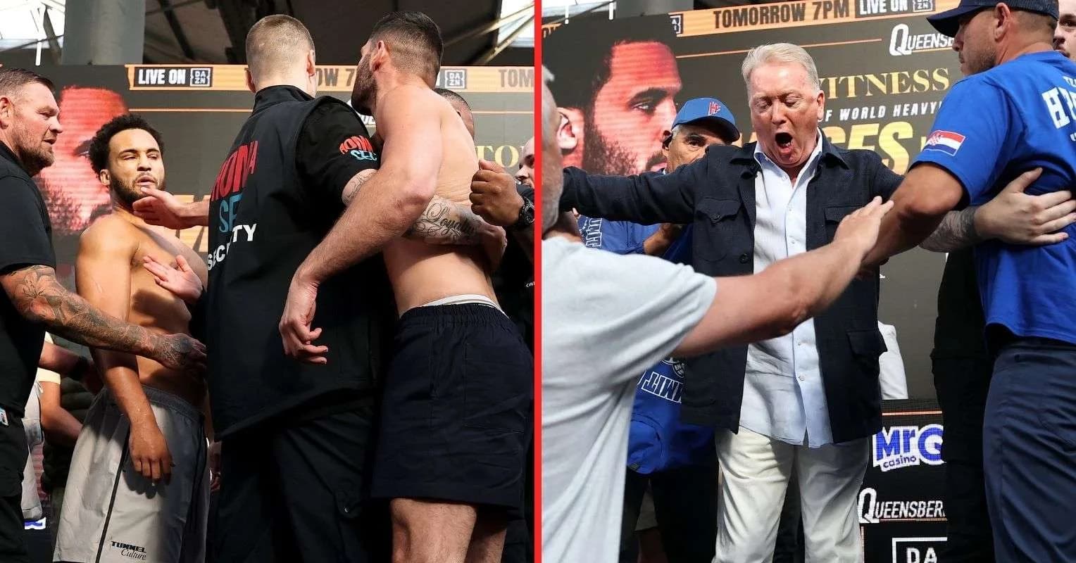 Frank Warren reacts to Hrgovic slapping Moses Itauma at final face off